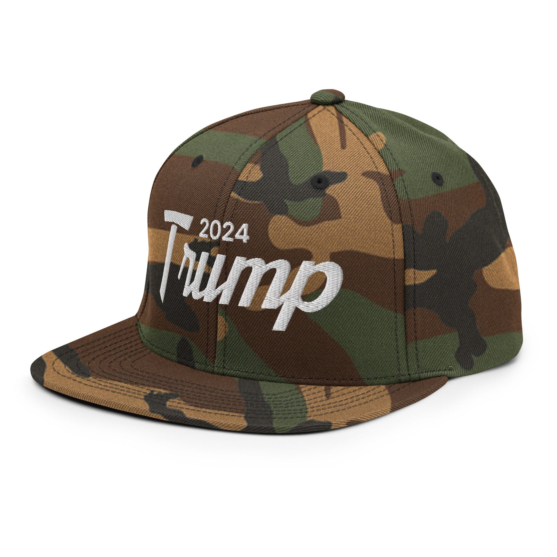 2024 Trump Script Flat Bill Brim Snapback Hat Green Camo