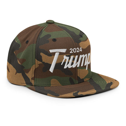 2024 Trump Script Flat Bill Brim Snapback Hat Green Camo