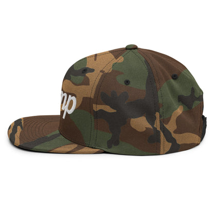 2024 Trump Script Flat Bill Brim Snapback Hat Green Camo