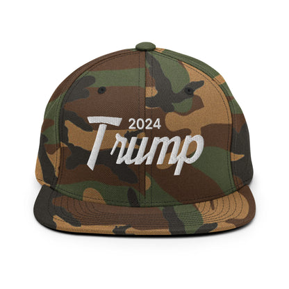 2024 Trump Script Flat Bill Brim Snapback Hat Green Camo