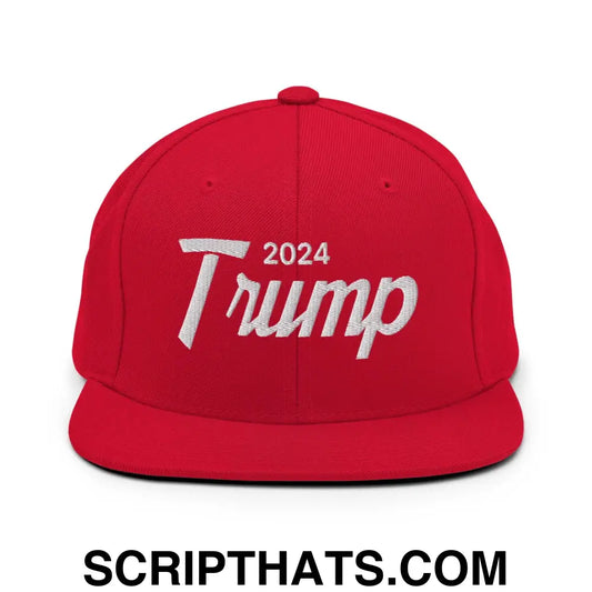 2024 Trump Script Flat Bill Brim Snapback Hat Red