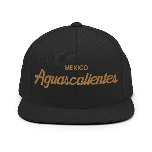 Aquascalientes Mexico Gold Vintage Sports Script Snapback Hat Black