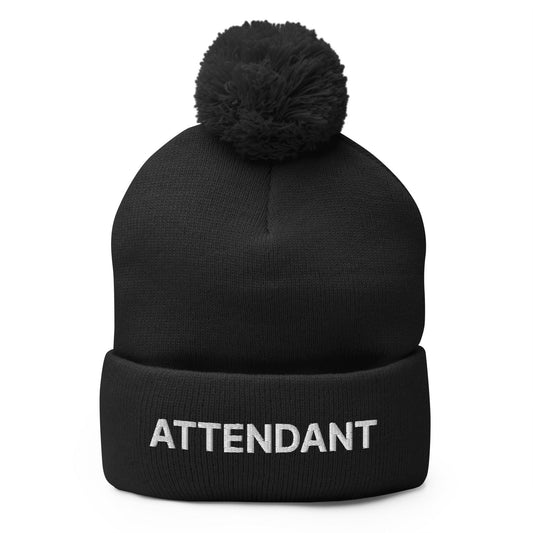 Attendant Uniform Embroidered Knit Pom Pom Beanie Black