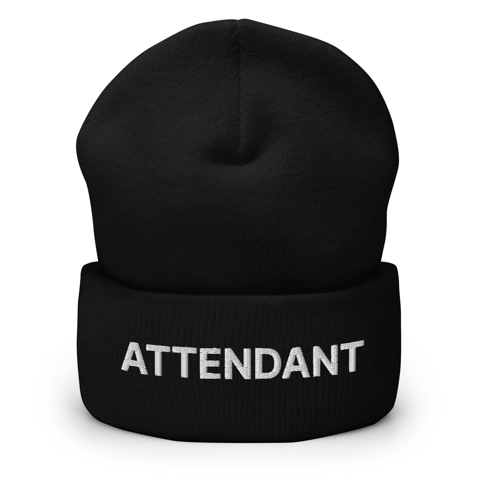 Attendant Uniform Work Embroidered Knit Cuffed Beanie Black