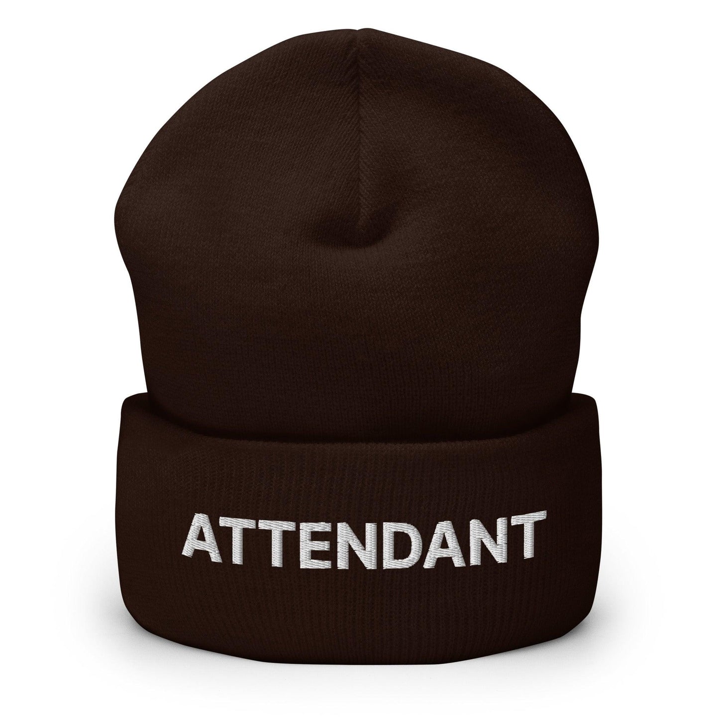 Attendant Uniform Work Embroidered Knit Cuffed Beanie Brown