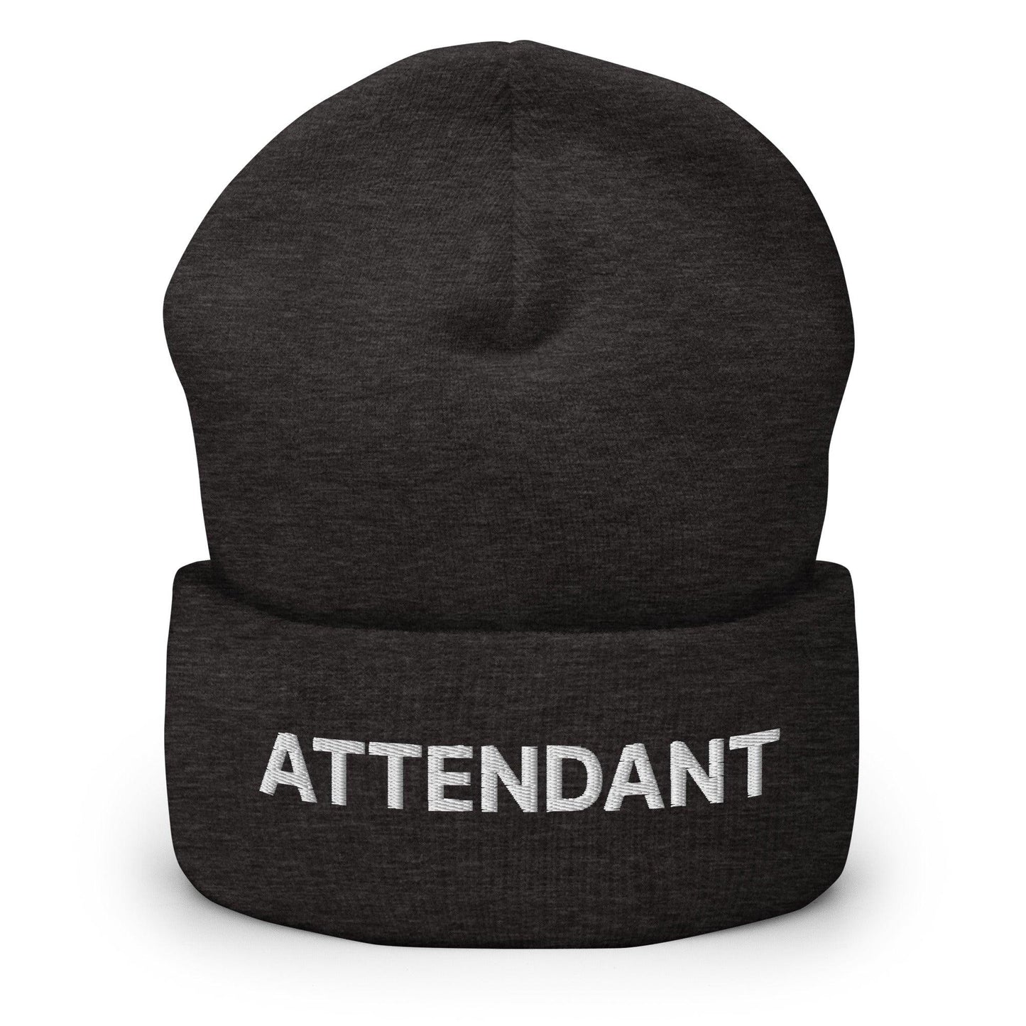 Attendant Uniform Work Embroidered Knit Cuffed Beanie Dark Grey