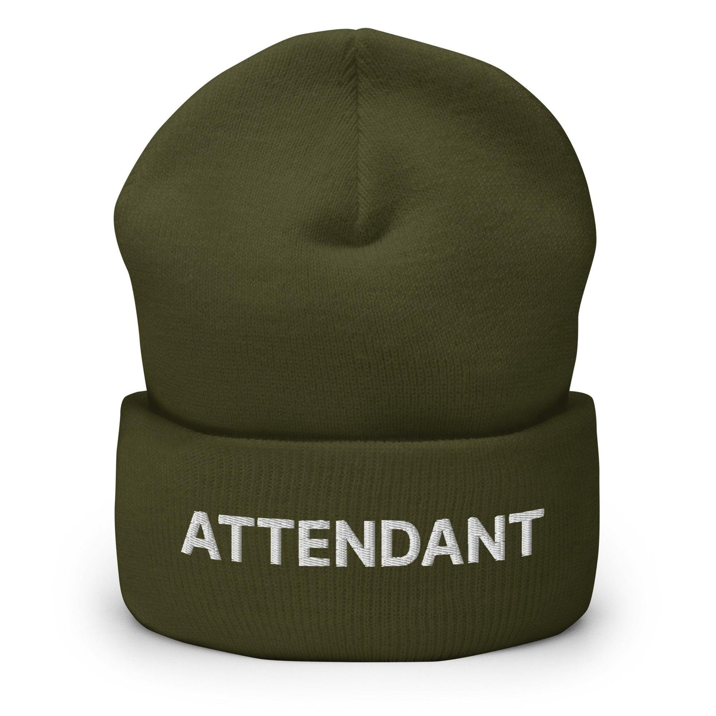 Attendant Uniform Work Embroidered Knit Cuffed Beanie Olive