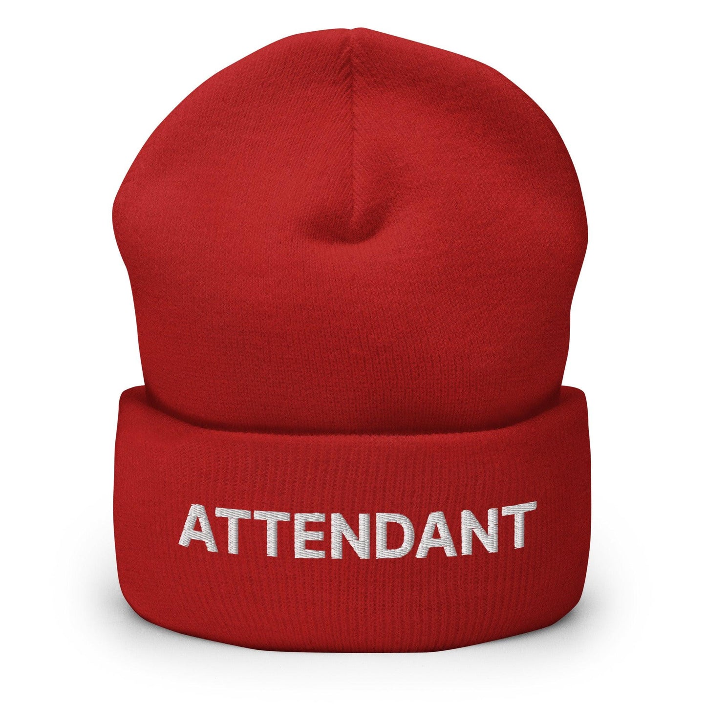 Attendant Uniform Work Embroidered Knit Cuffed Beanie Red