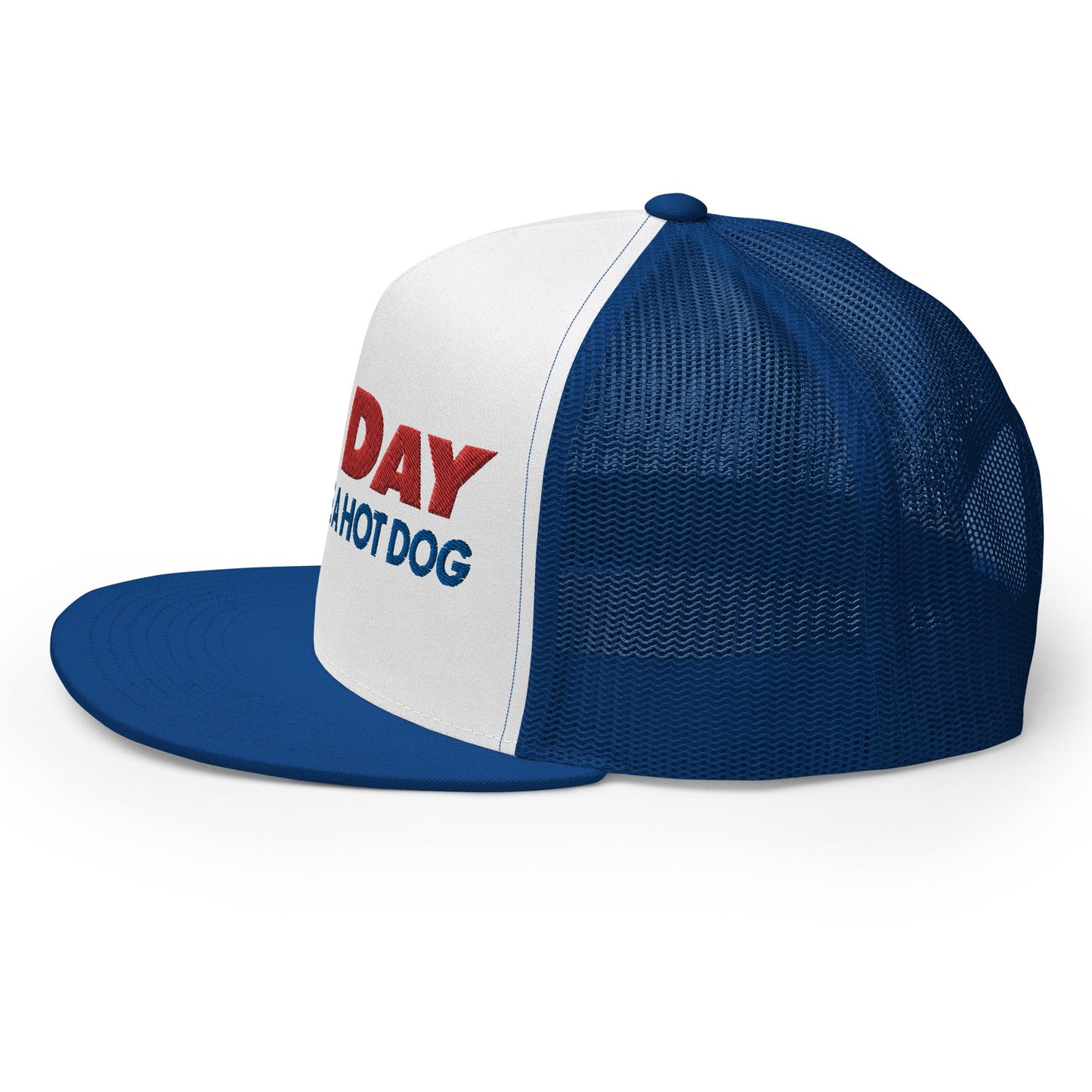 Bad Day to Be a Hot Dog Flat Bill Brim Trucker Hat Royal White Royal