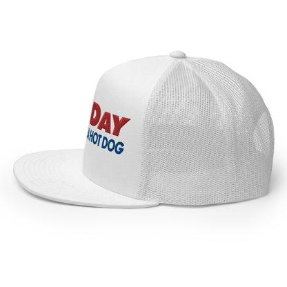 Bad Day to Be a Hot Dog Flat Bill Brim Trucker Hat White