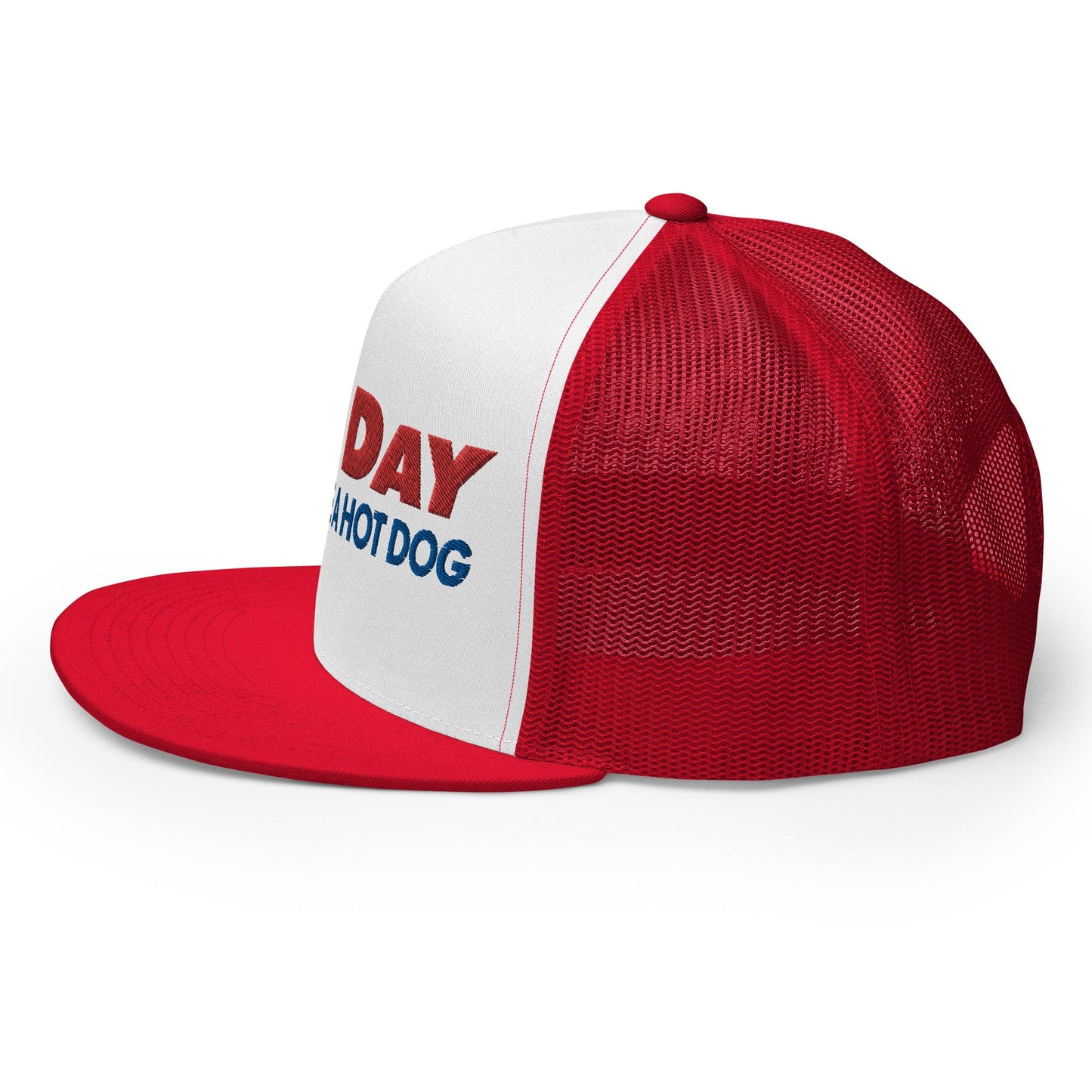 Bad Day to Be a Hot Dog Flat Bill Brim Trucker Hat Red White Red