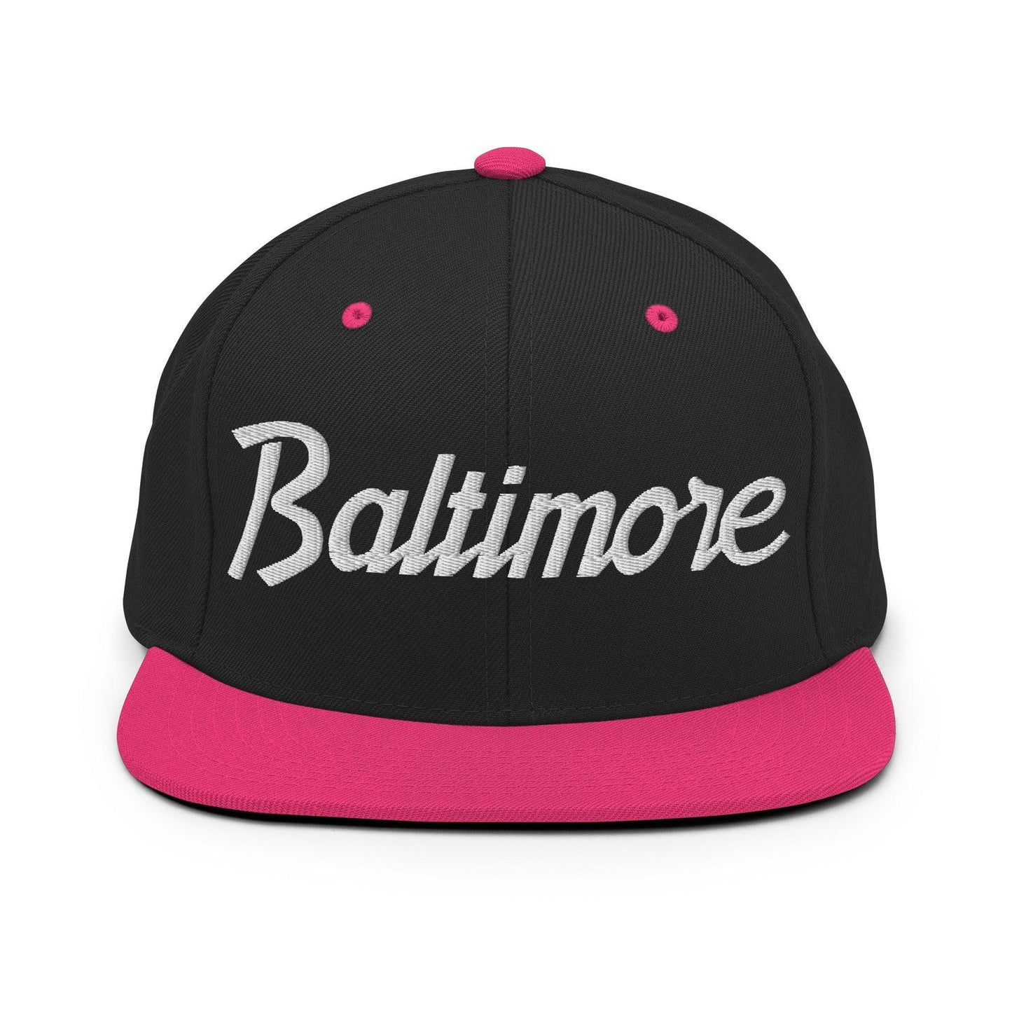 Baltimore Script Snapback Hat Black Neon Pink