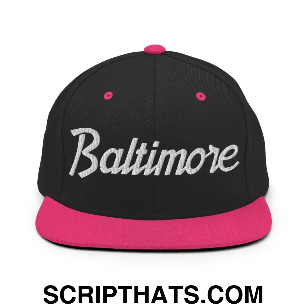 Baltimore Script Snapback Hat Black Neon Pink