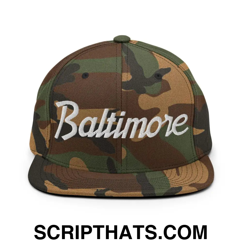 Baltimore Script Snapback Hat Green Camo