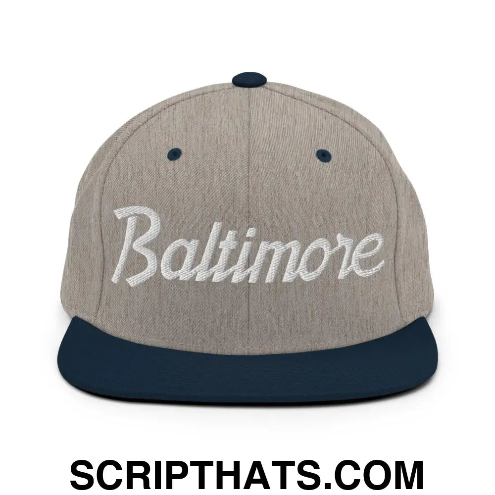 Baltimore Script Snapback Hat Heather Grey Navy