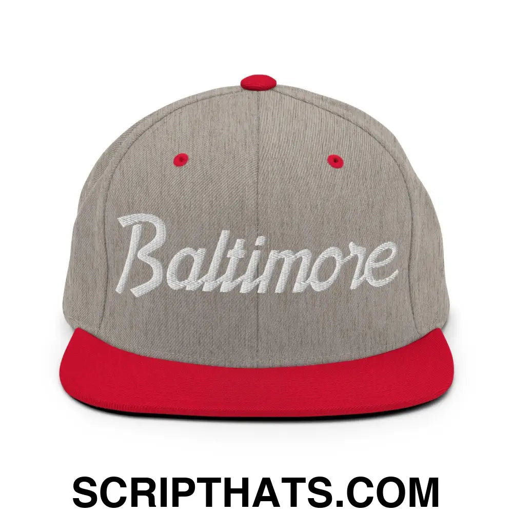 Baltimore Script Snapback Hat Heather Grey Red