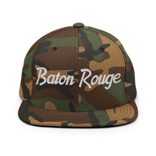 Baton Rouge Script Snapback Hat Green Camo