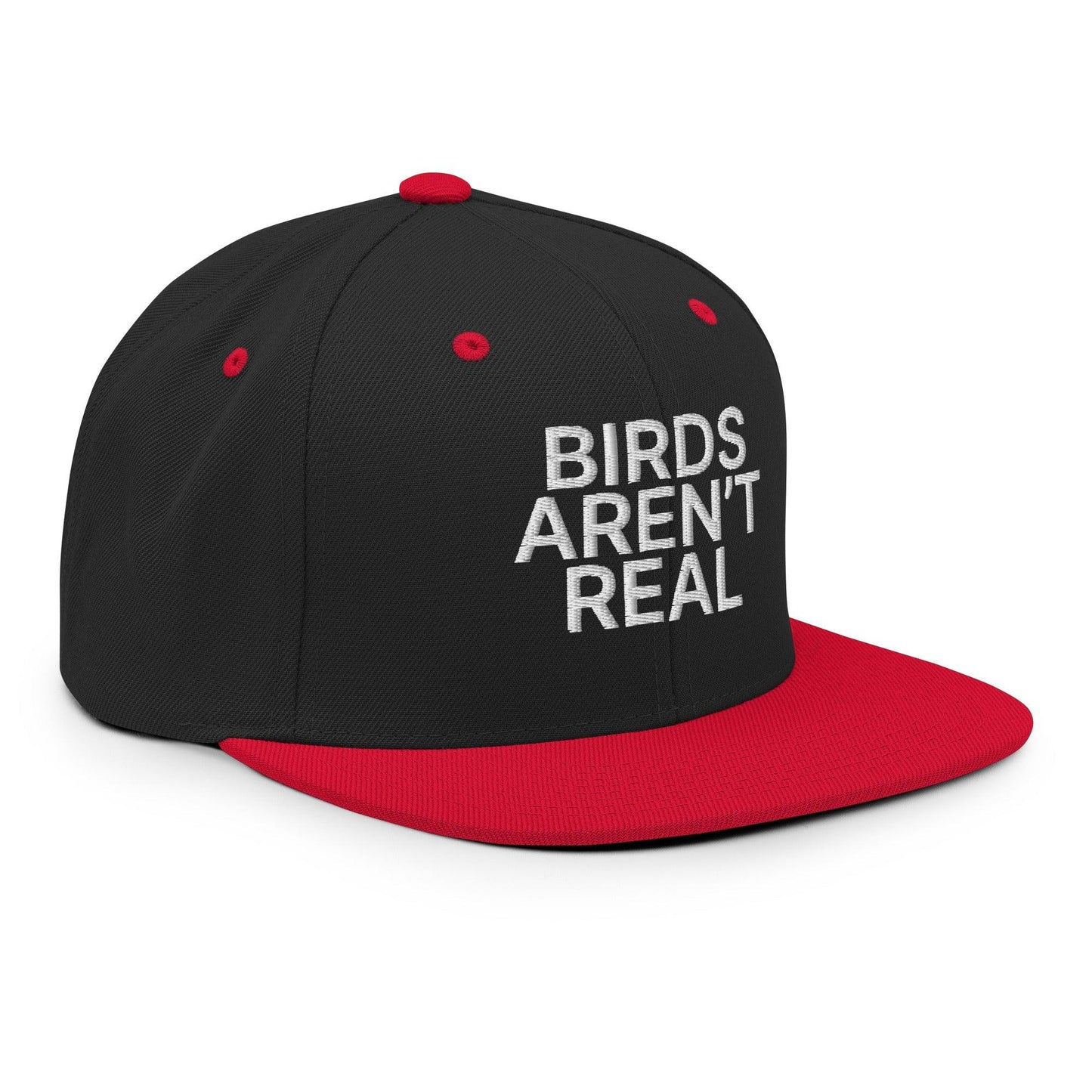 Birds Aren't Real Embroidered Flat Bill Brim Snapback Hat Black Red