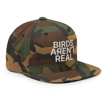 Birds Aren't Real Embroidered Flat Bill Brim Snapback Hat Green Camo