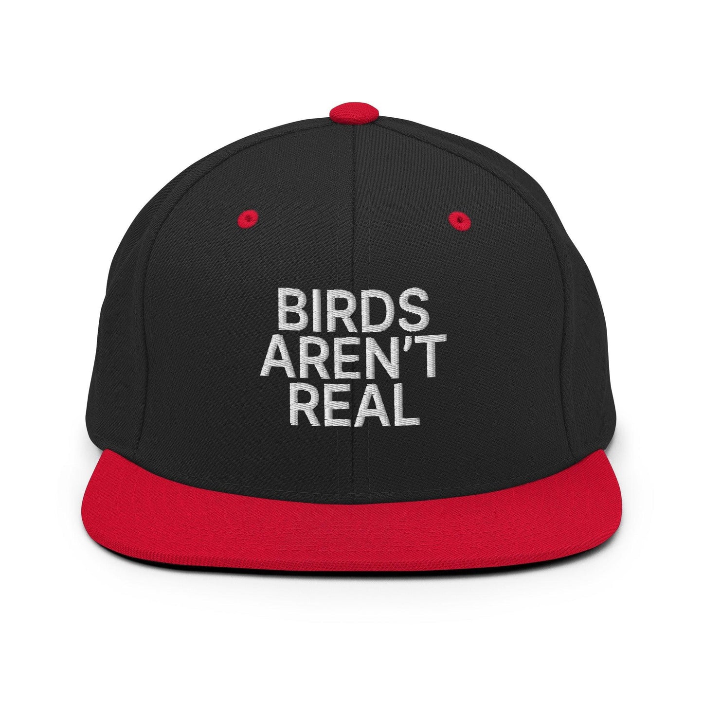 Birds Aren't Real Embroidered Flat Bill Brim Snapback Hat Black Red