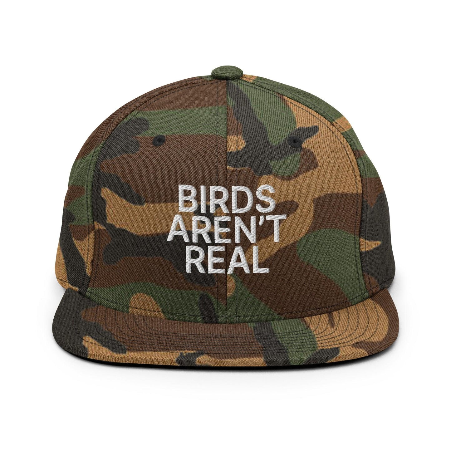 Birds Aren't Real Embroidered Flat Bill Brim Snapback Hat Green Camo