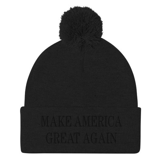 Blacked Out Make America Great Again MAGA Knit Pom Pom Beanie Black