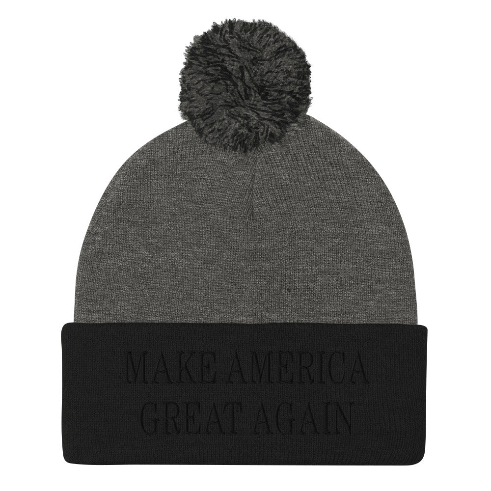 Blacked Out Make America Great Again MAGA Knit Pom Pom Beanie Dark Heather Grey Black