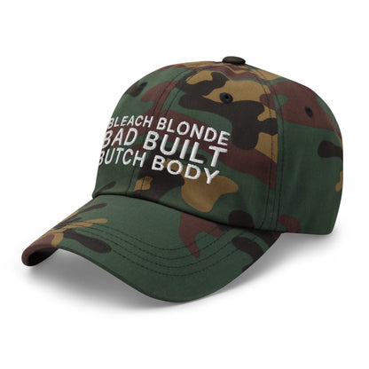 Bleach Blonde Bad Built Butch Body Dad Hat Green Camo