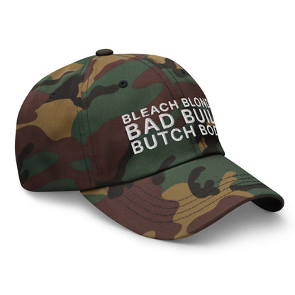 Bleach Blonde Bad Built Butch Body Dad Hat Green Camo