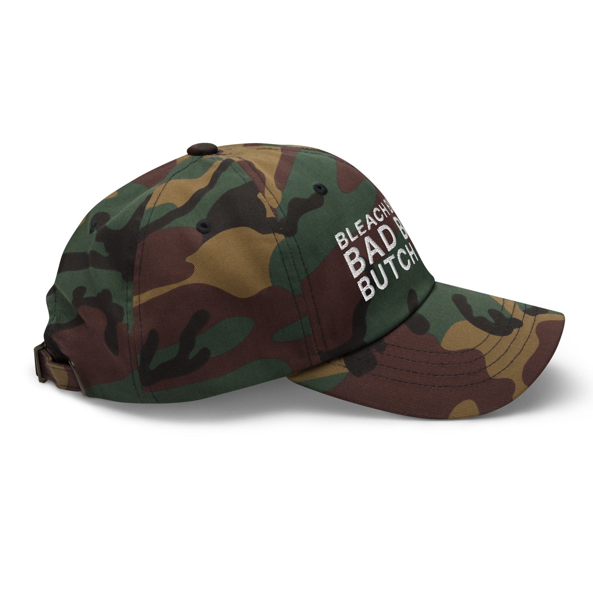 Bleach Blonde Bad Built Butch Body Dad Hat Green Camo