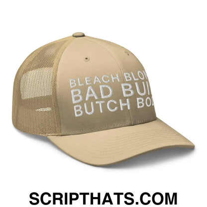 Bleach Blonde Bad Built Butch Body Dad Retro Trucker Hat Khaki