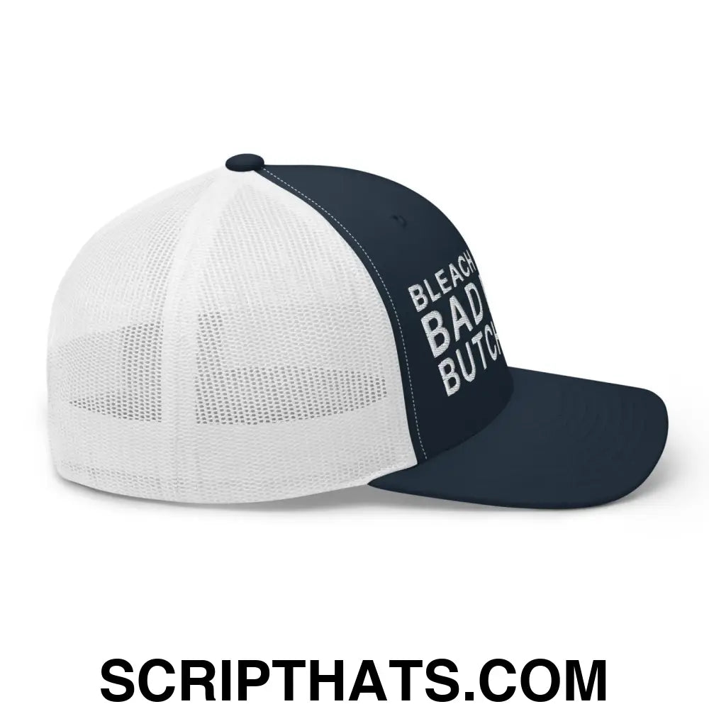 Bleach Blonde Bad Built Butch Body Dad Retro Trucker Hat Navy White