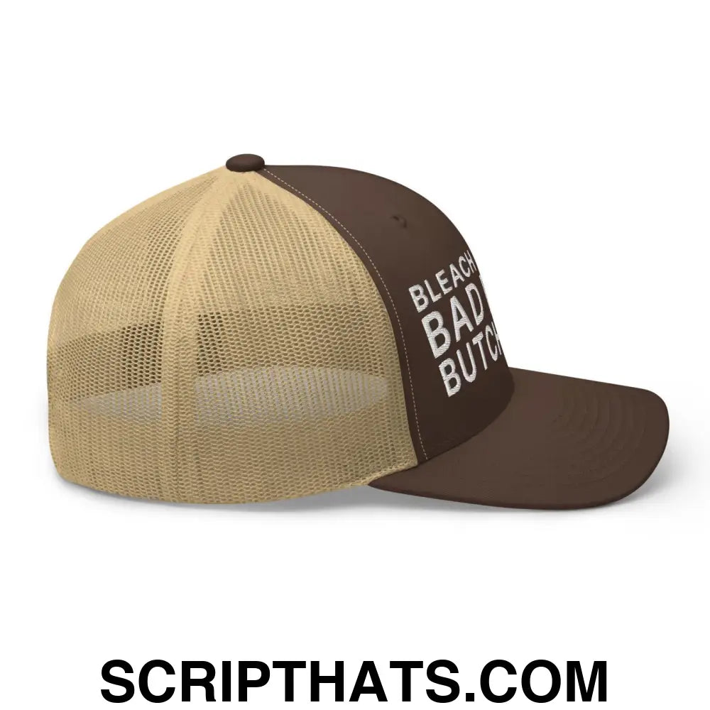 Bleach Blonde Bad Built Butch Body Dad Retro Trucker Hat Brown Khaki