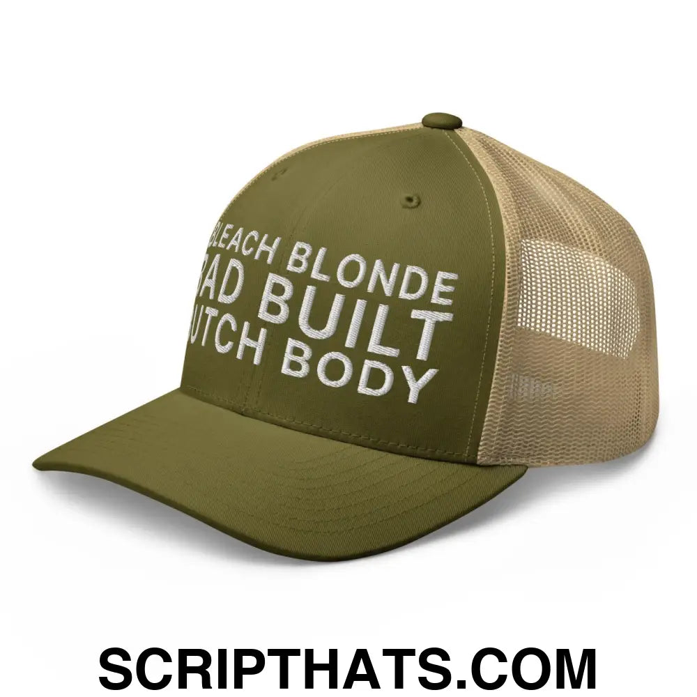 Bleach Blonde Bad Built Butch Body Dad Retro Trucker Hat Moss Khaki