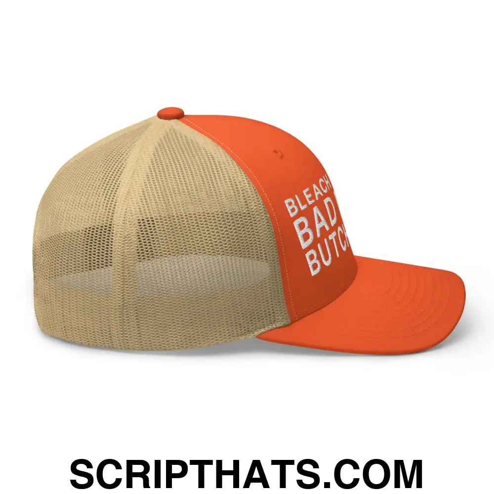 Bleach Blonde Bad Built Butch Body Dad Retro Trucker Hat Rustic Orange Khaki