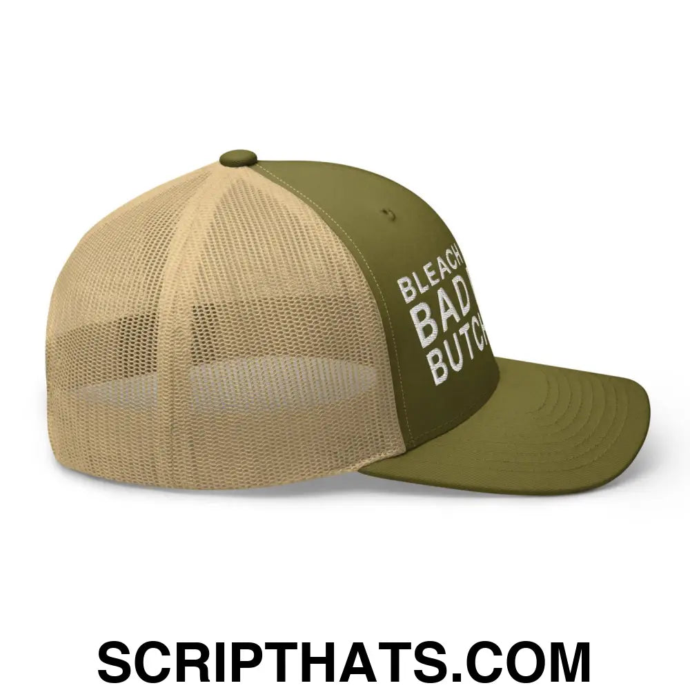 Bleach Blonde Bad Built Butch Body Dad Retro Trucker Hat Moss Khaki