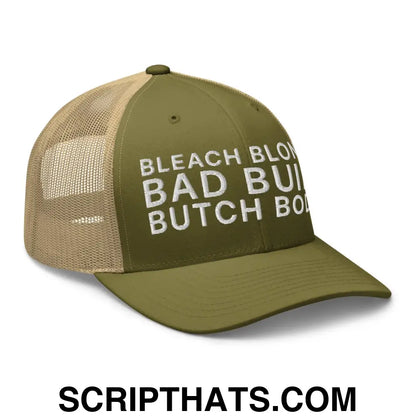 Bleach Blonde Bad Built Butch Body Dad Retro Trucker Hat Moss Khaki