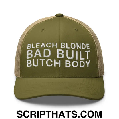 Bleach Blonde Bad Built Butch Body Dad Retro Trucker Hat Moss Khaki