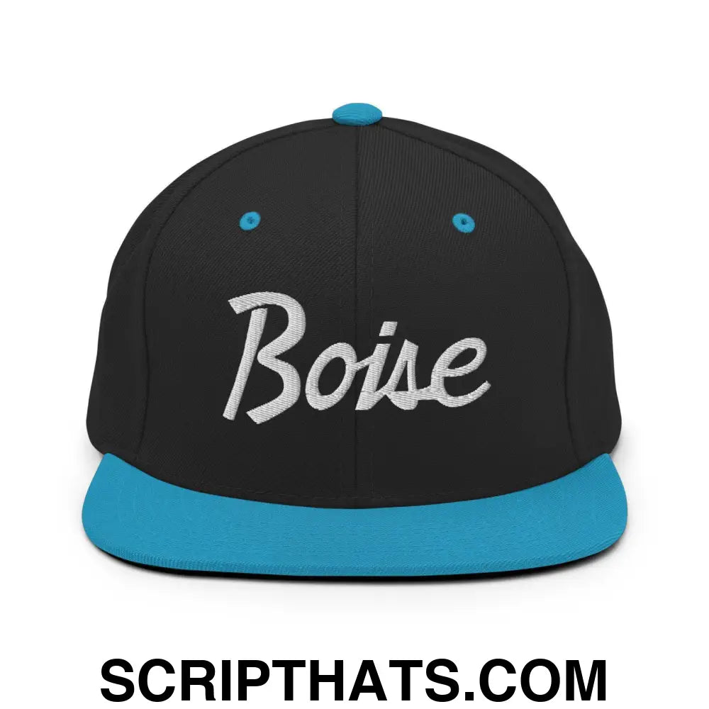 Boise Script Snapback Hat Black Teal