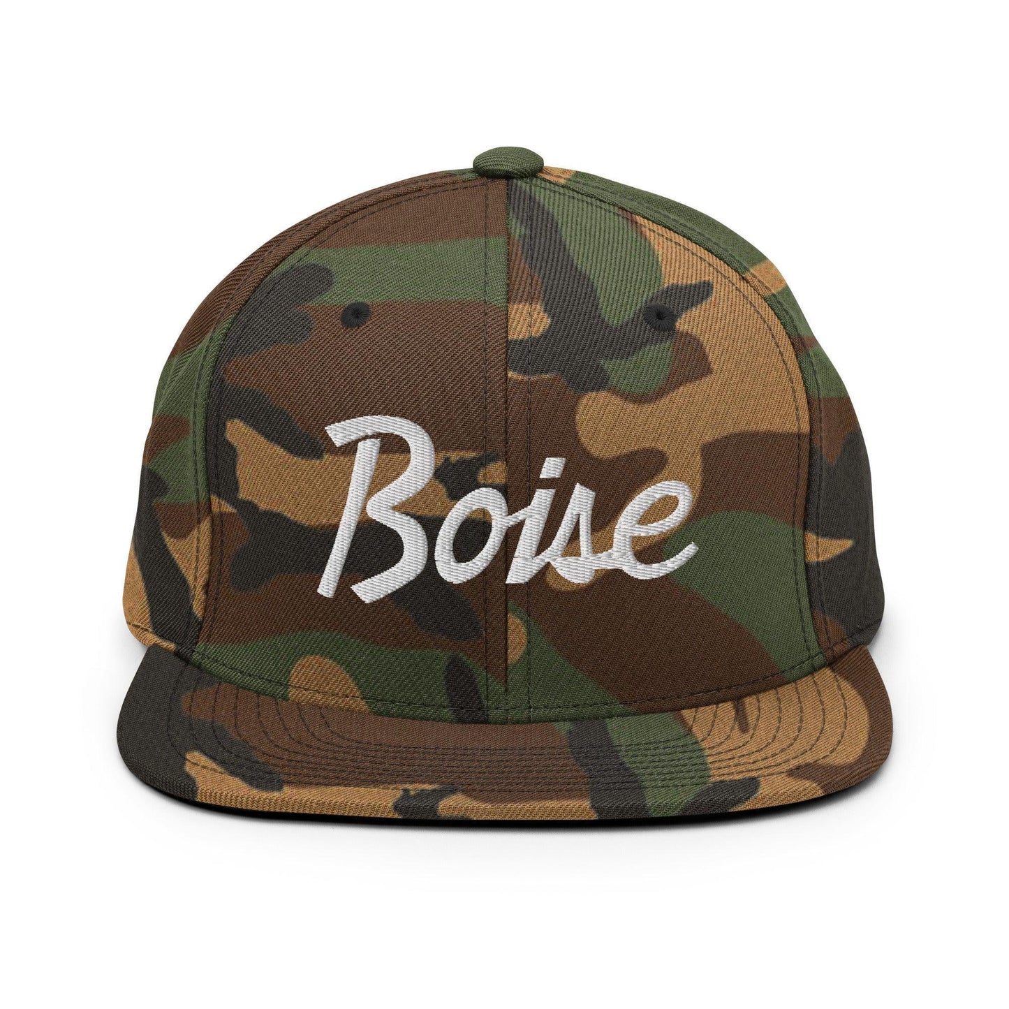Boise Script Snapback Hat Green Camo