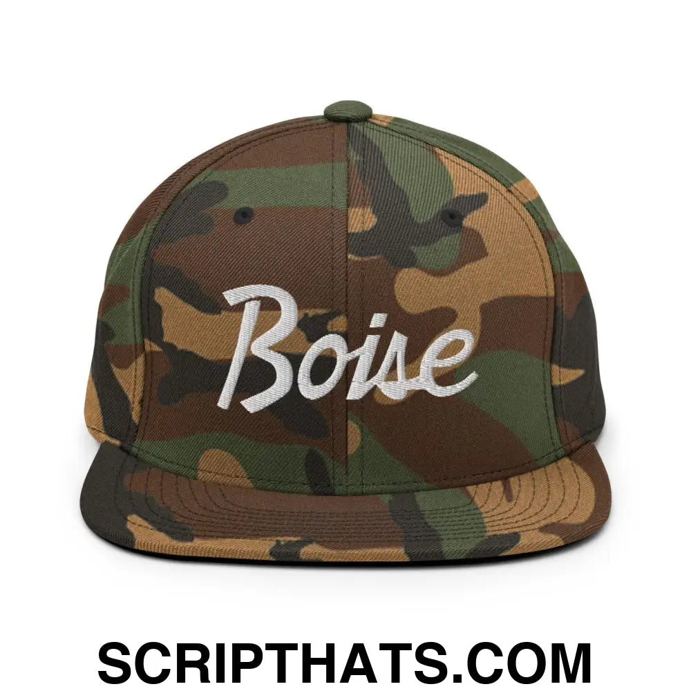 Boise Script Snapback Hat Green Camo