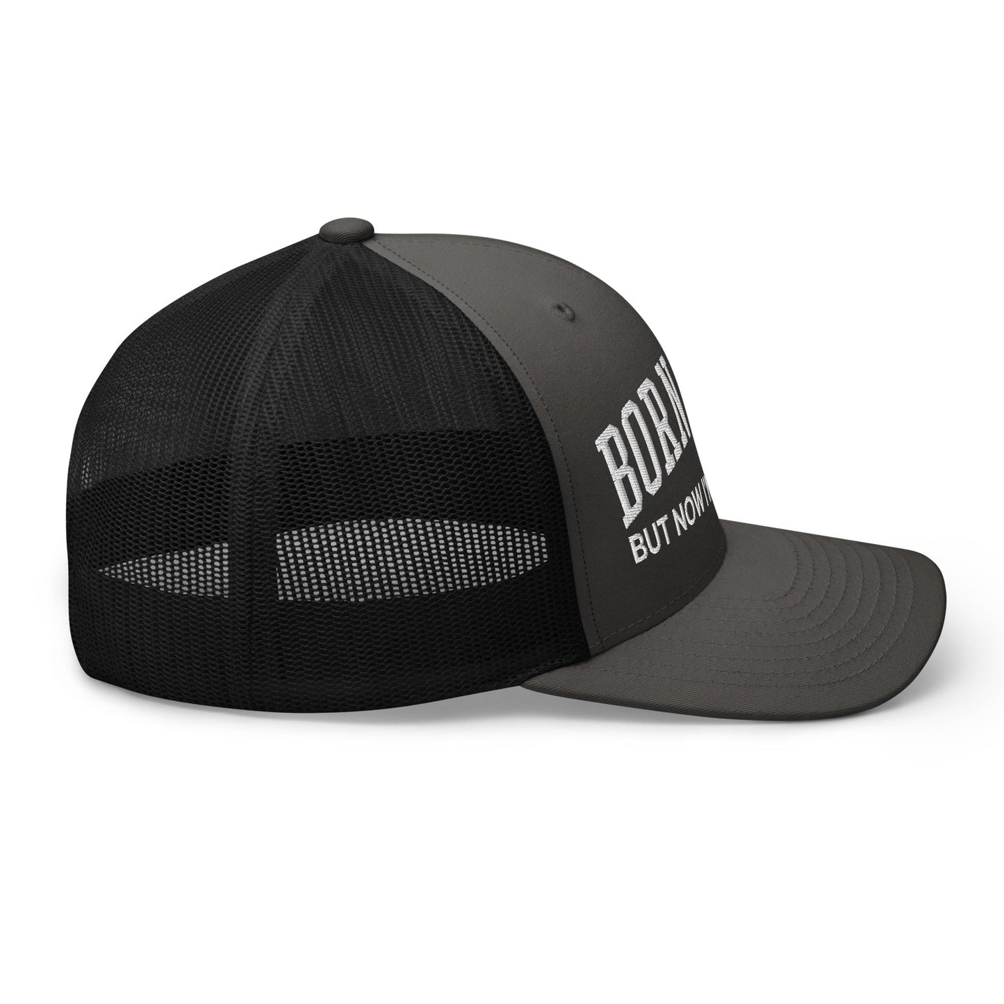 Born Free But Now I'm Expensive Retro Trucker Hat Charcoal Black