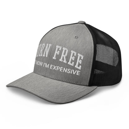 Born Free But Now I'm Expensive Retro Trucker Hat Heather Black