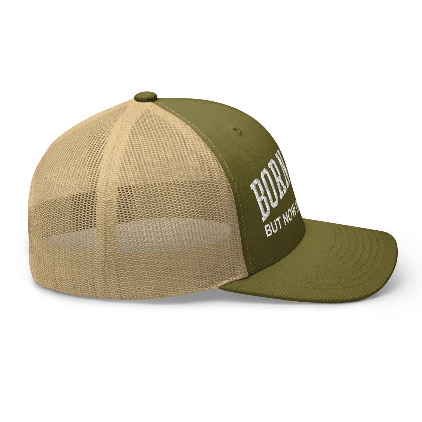 Born Free But Now I'm Expensive Retro Trucker Hat Moss Khaki