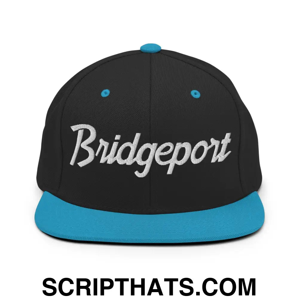 Bridgeport Script Snapback Hat Black Teal