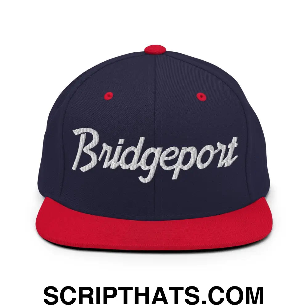 Bridgeport Script Snapback Hat Navy Red