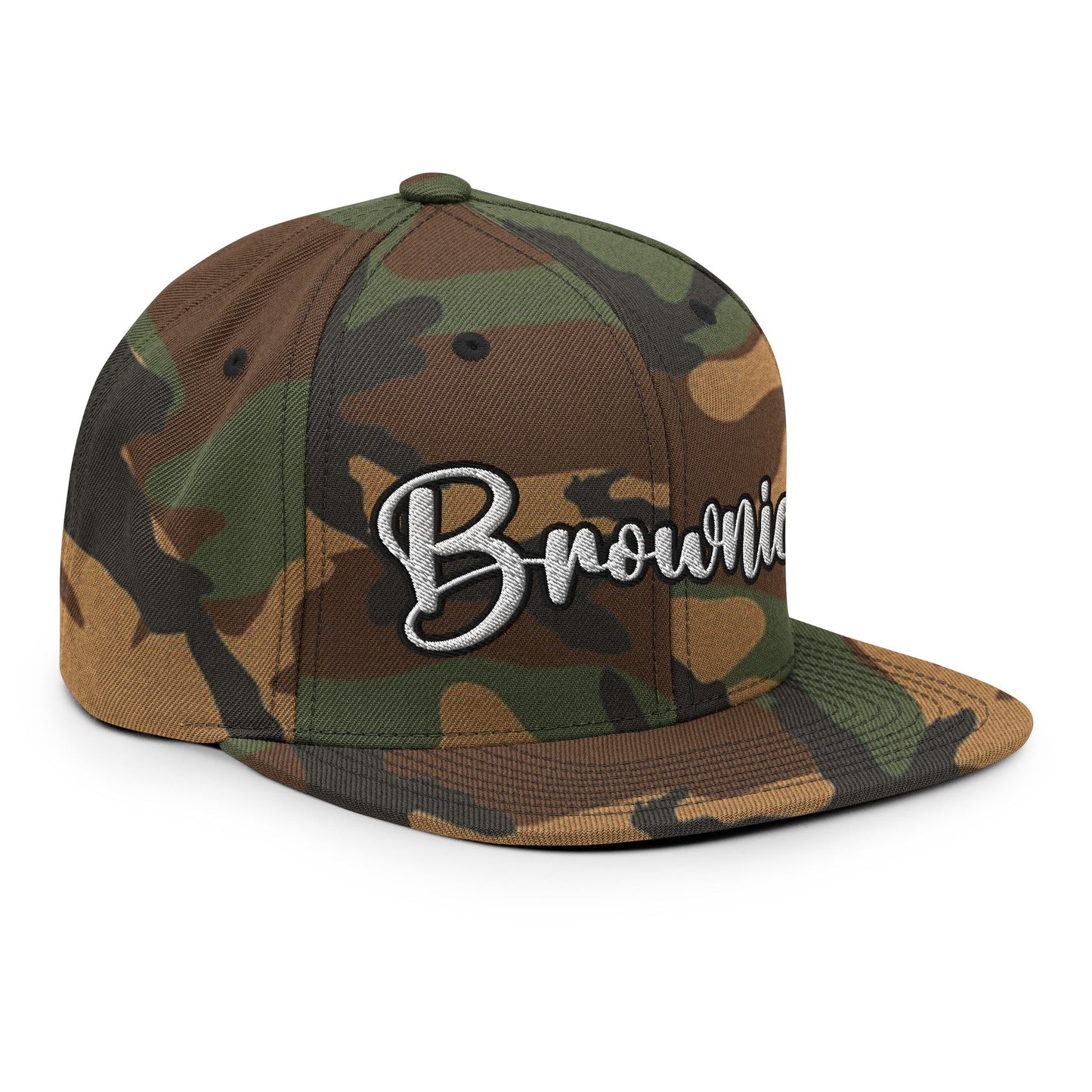 Brownies Script Snapback Hat Green Camo