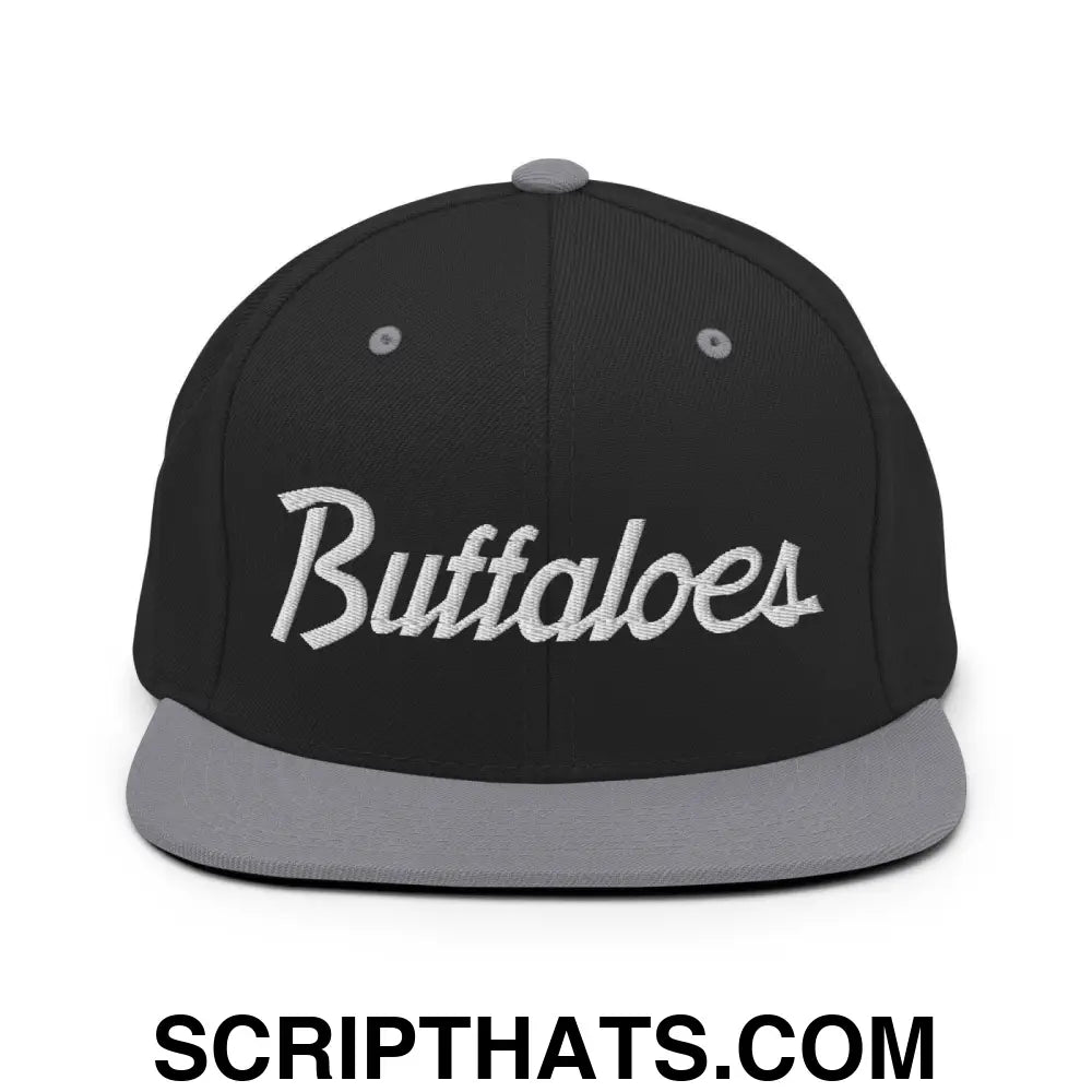 Buffaloes School Mascot Script Snapback Hat Black Silver