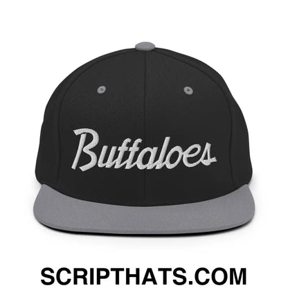 Buffaloes School Mascot Script Snapback Hat Black Silver