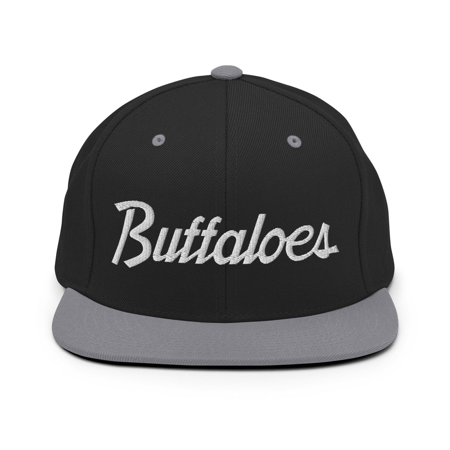 Buffaloes School Mascot Script Snapback Hat Black Silver